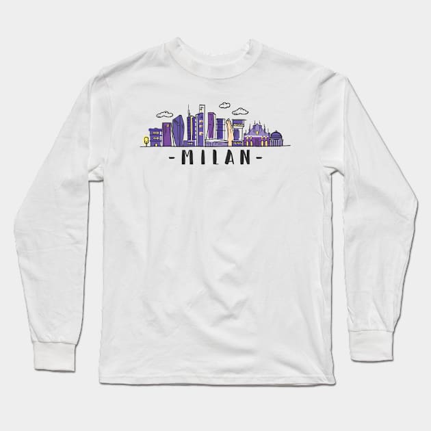 Milan Italy Skyline Travel Poster Hand Drawn Long Sleeve T-Shirt by RajaGraphica